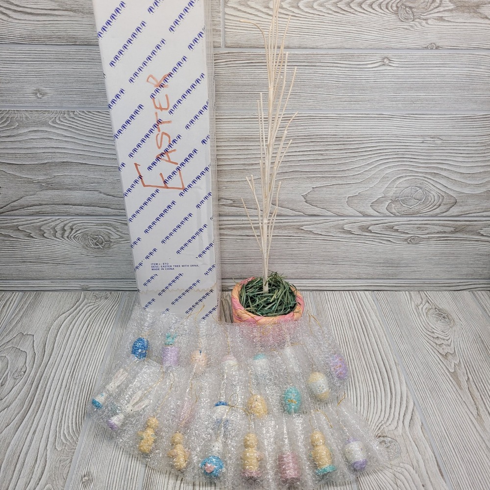 Easter Tree Ornaments Set White Twig Tree Woven Basket Pastel Eggs Rabbits Bunny